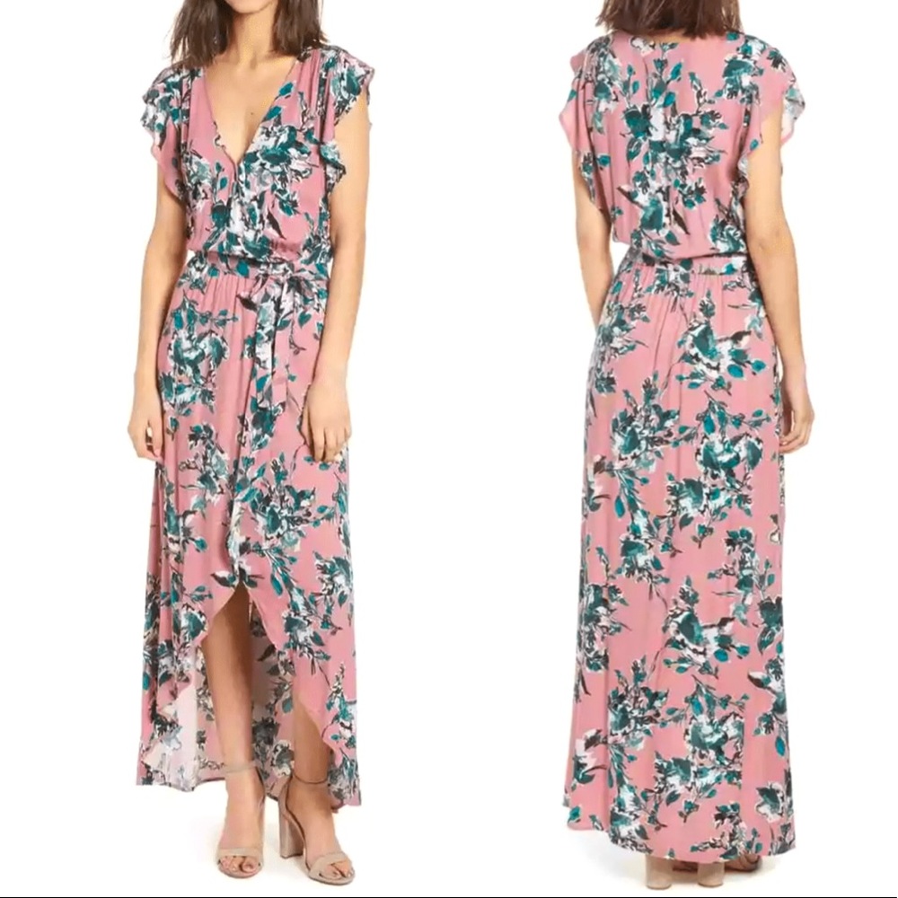Splendid Pink Floral Ruffled Faux Wrap High-Low Dress